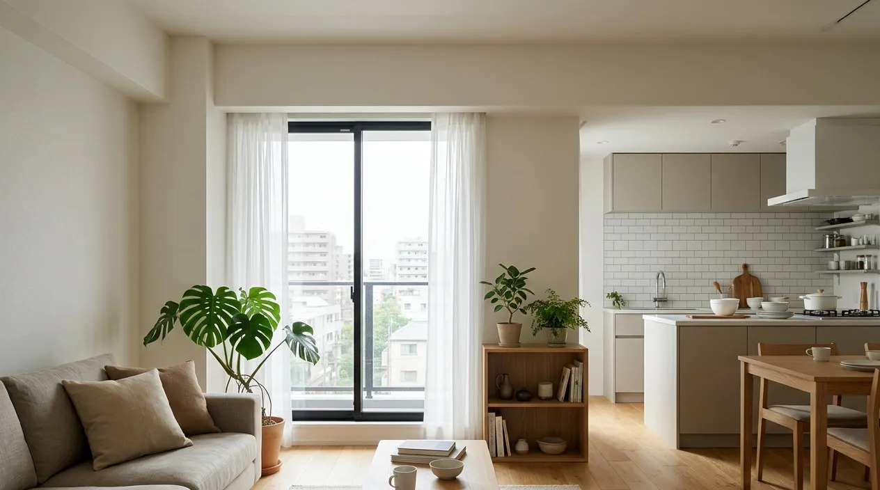 窓辺に観葉植物を置いた、ソファからキッチンまで見渡せるリビングダイニング