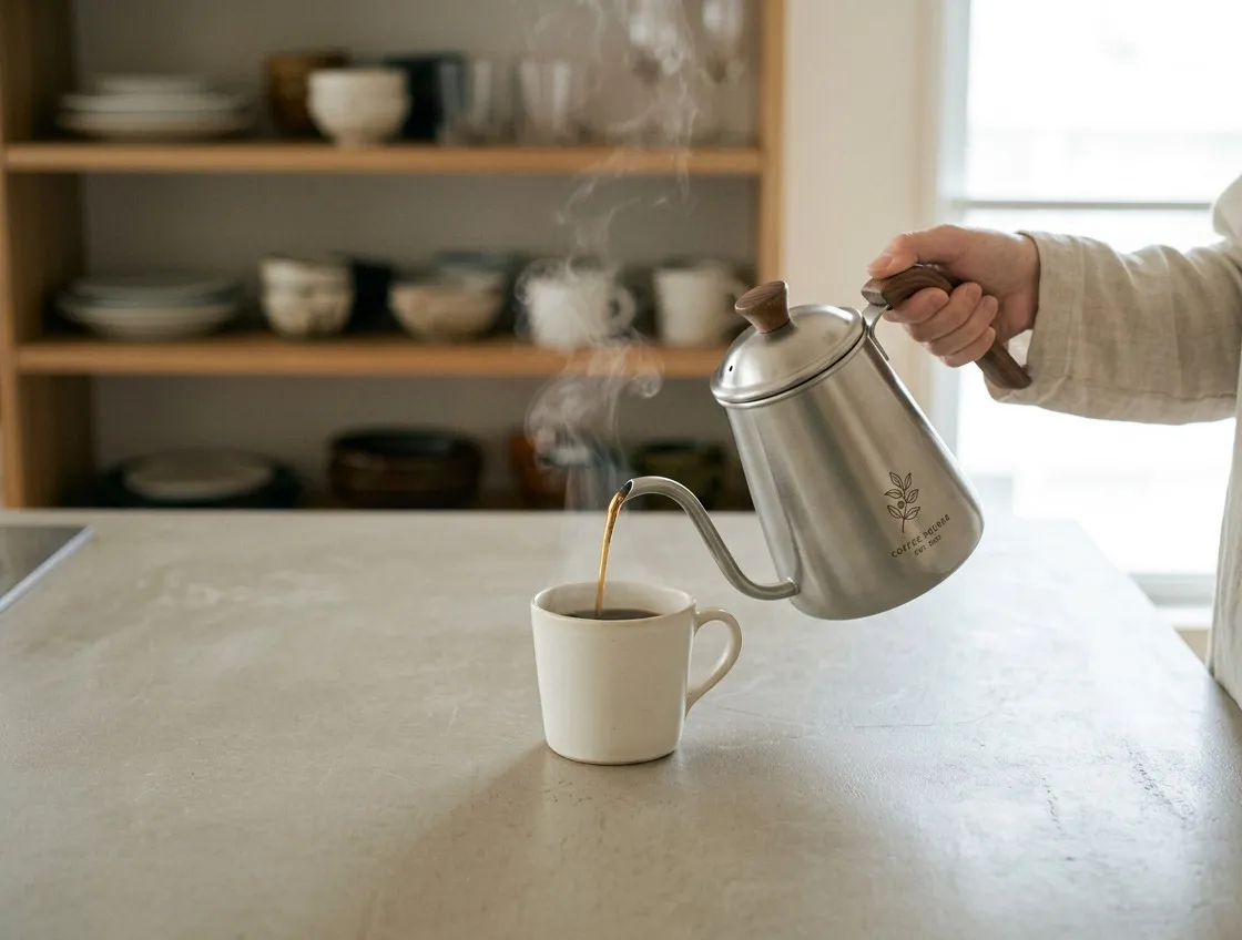 キッチンカウンターで、ドリップポットからマグカップにコーヒーを注いでいる手元
